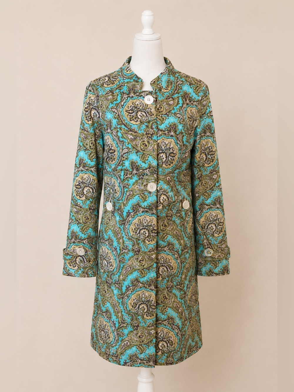 ETCETERA • Aqua Gold Paisley Button Front Long Jacket Coat • Size 8